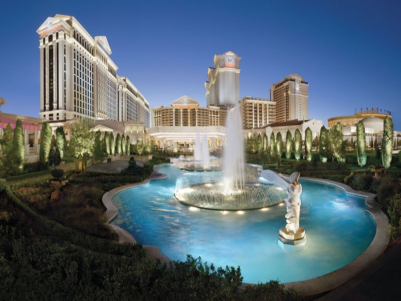 a fountain in front of Caesars Palace