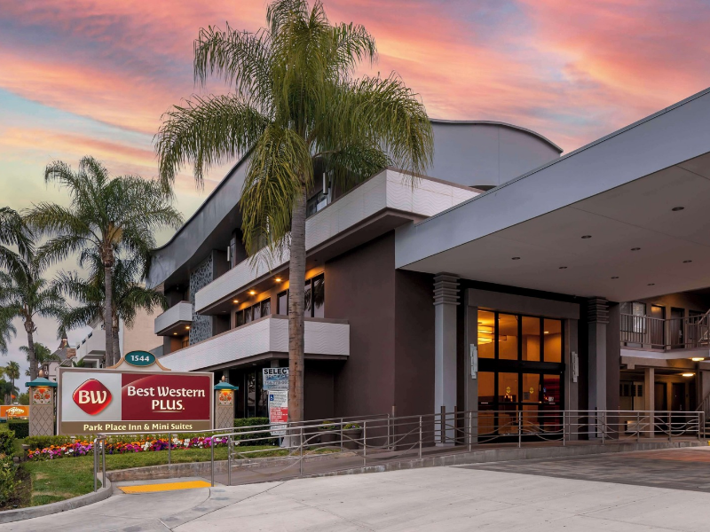 a building with palm trees